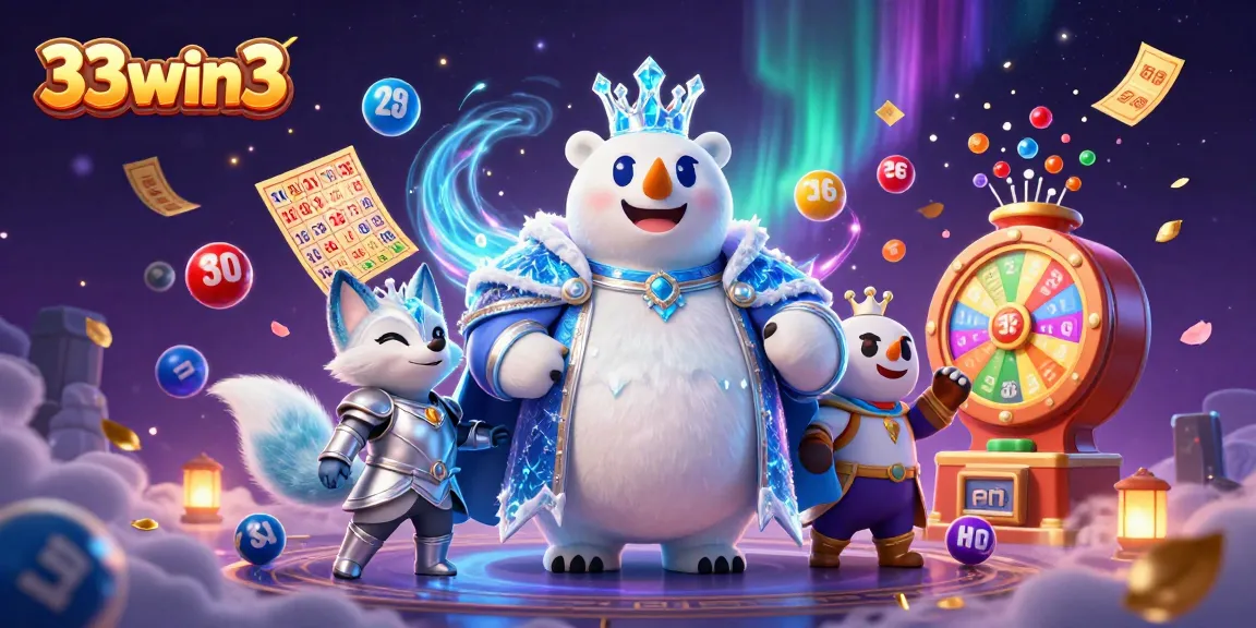 Experience the excitement of 33win3 with an enchanting polar bear and fox in a dynamic lottery scene.