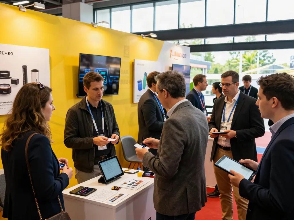 Expositores networking at a busy conference with interactive technology displays and diverse attendees.