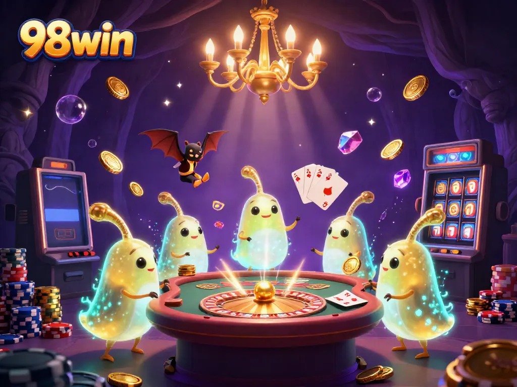 Experience the vibrant atmosphere of 98win casino with glowworms and dynamic game elements illuminating the scene.