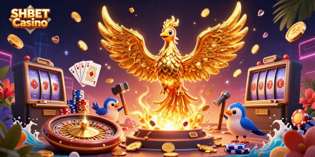 Engage with SHBET Casino's vibrant gaming universe showcased through golden phoenix and dynamic casino elements.