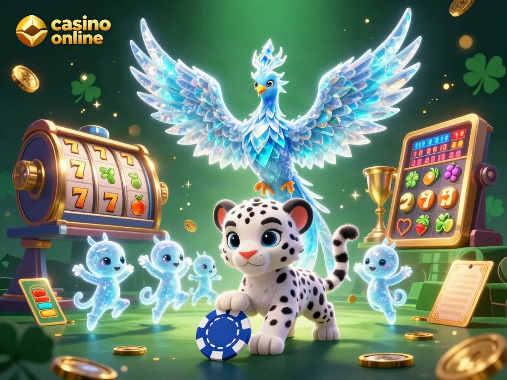 Participa en juegos del mejor casino online mientras la fénix de hielo y un leopardo juegan con fichas heladas.
