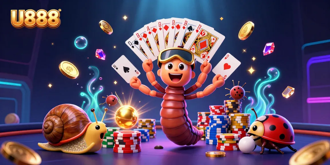 Experience U888's vibrant casino world with a dynamic 3D scene featuring exciting gaming elements.