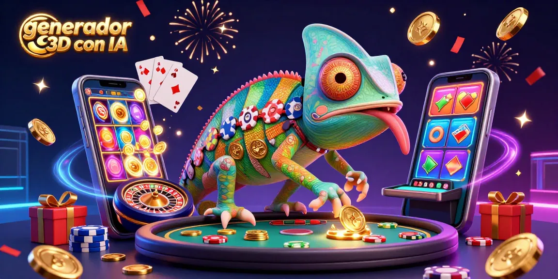 Generador 3D con IA que ilustra un camaleón dueño de casino rodeado de elementos de juego.