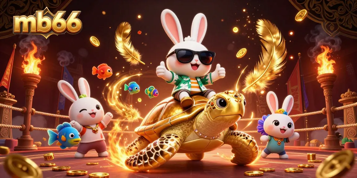Win big with mb66 in this vibrant casino scene featuring lucky rabbit and golden sea turtle.
