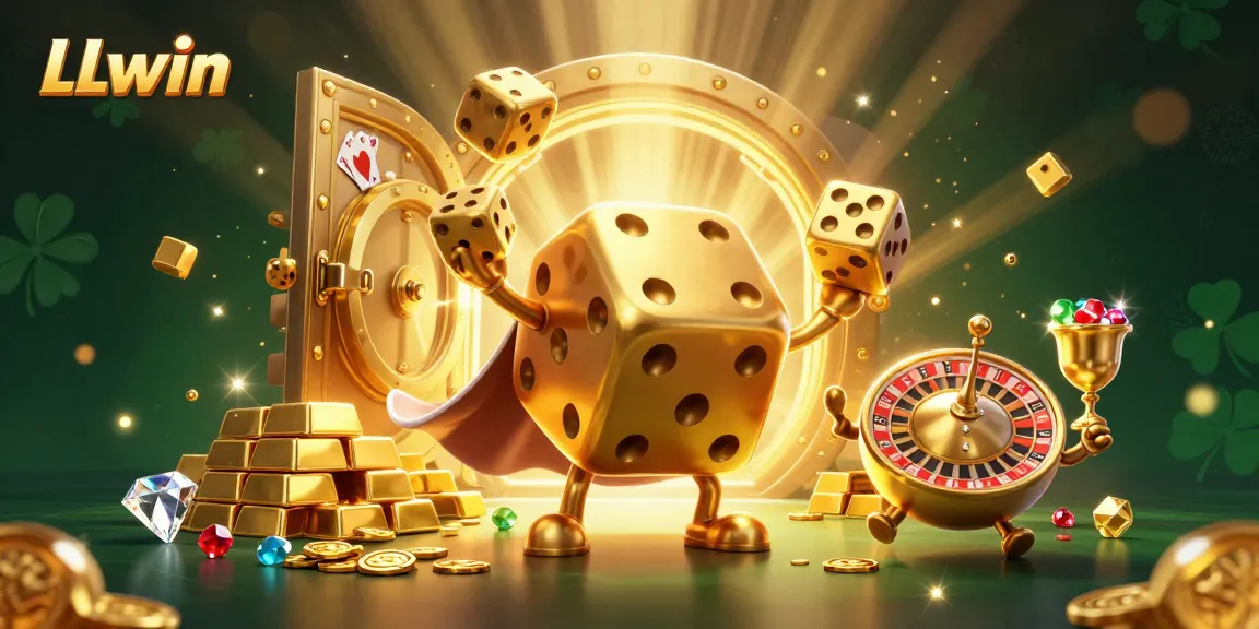 LLwin showcases a dynamic gambling scene with a golden dice golem and treasure vault.