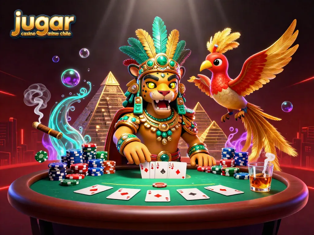 Jugar casino online Chile: ilustración vibrante de un sacerdote jaguar y un loro en un entorno de casino.