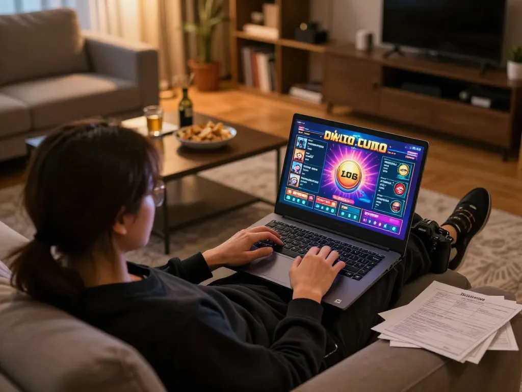 Engaging in đánh lô online with a laptop in a cozy home setting, showcasing responsible gambling practices