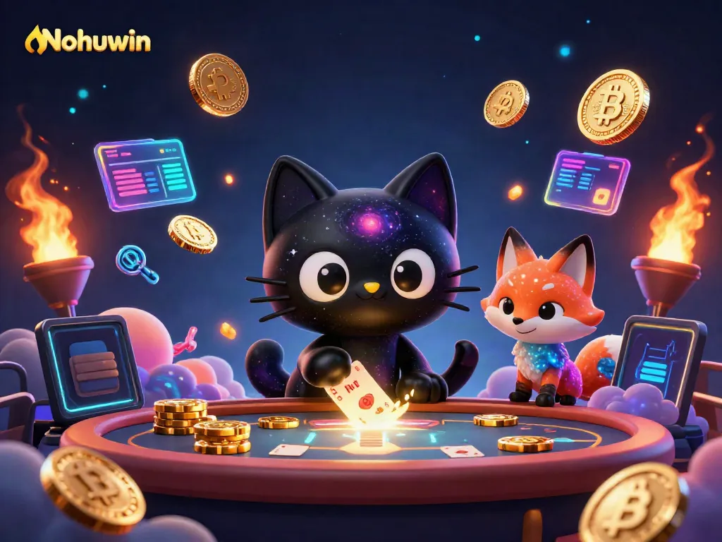 Nohuwin showcases a vibrant cosmic casino scene with a black hole cat and nebula fox capturing gold coins.