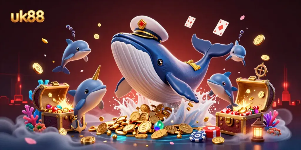 Experience the vibrant uk88 casino scene with whales, poker chips, and treasure in a dynamic underwater environment.