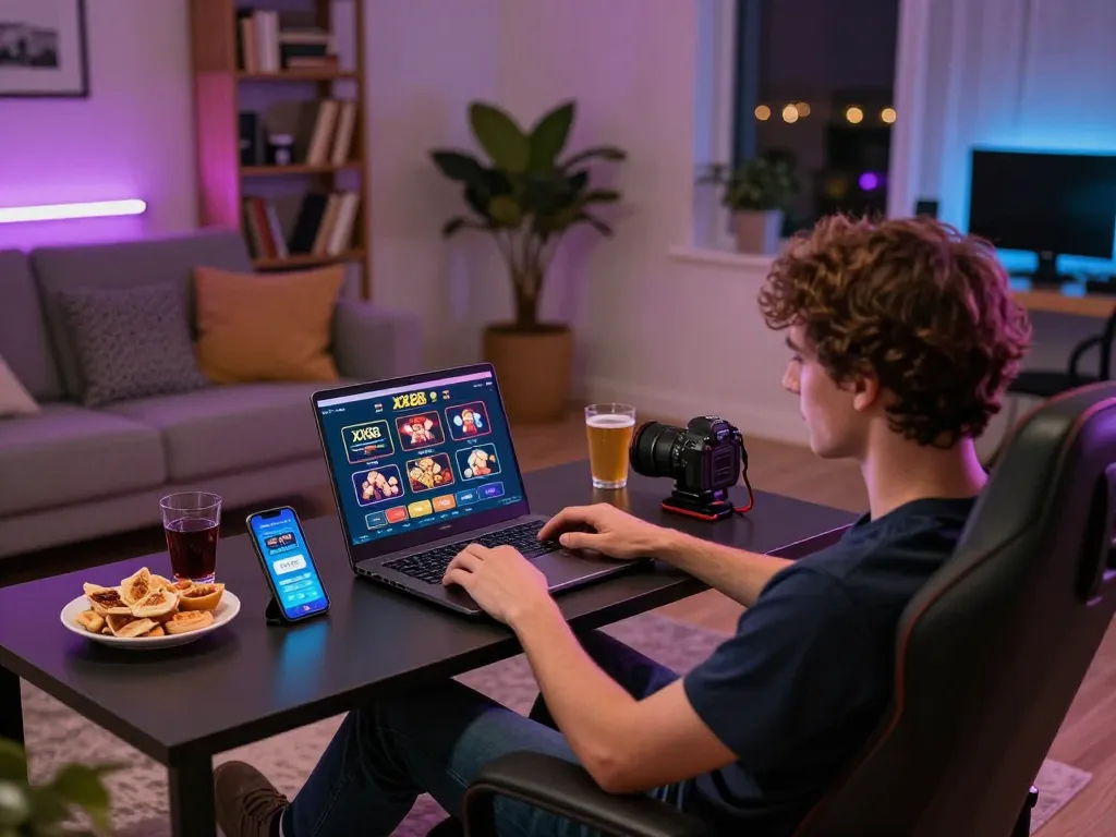 Person engaged in online betting on XX88 at home, showcasing a modern gaming setup and cozy atmosphere