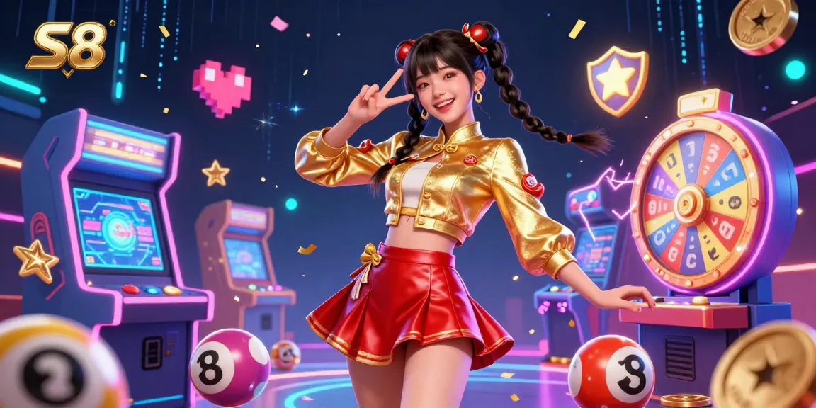 S8 elevates gaming with vibrant fun, featuring an Asian woman amid 3D casino elements and lottery action.