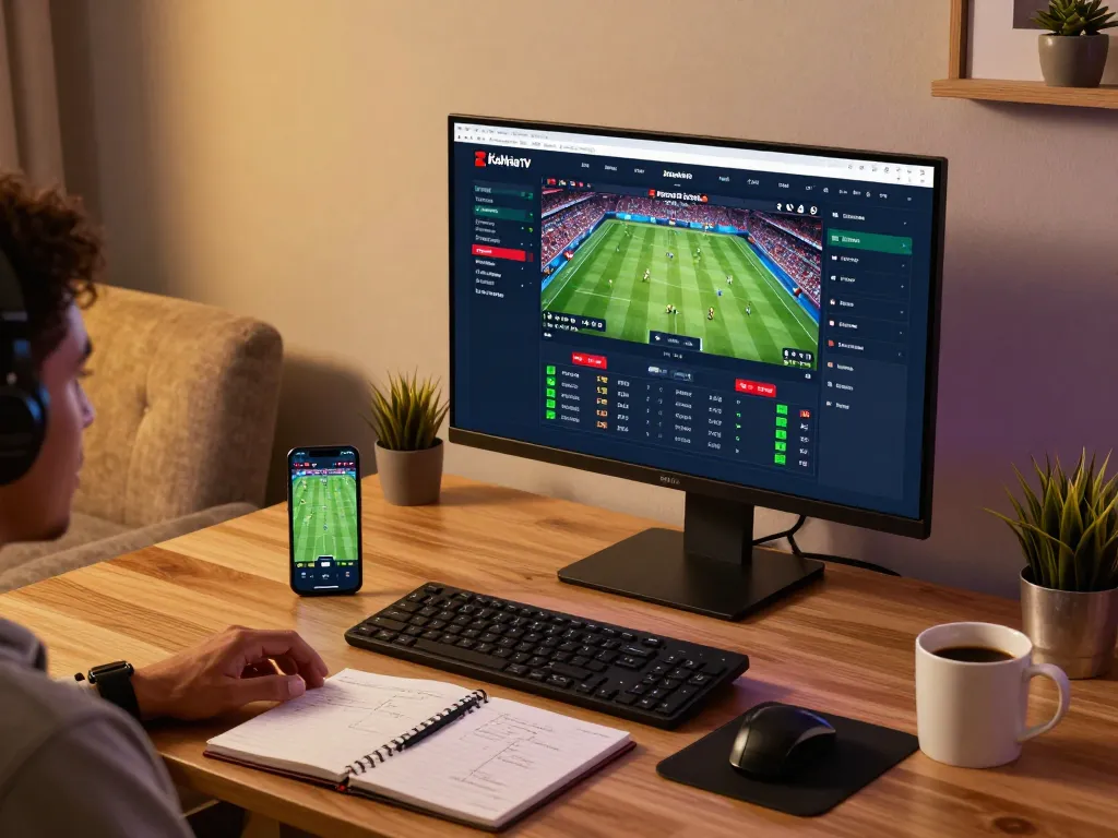 CakhiaTV sports betting experience with live updates on computer and smartphone in cozy home setting.