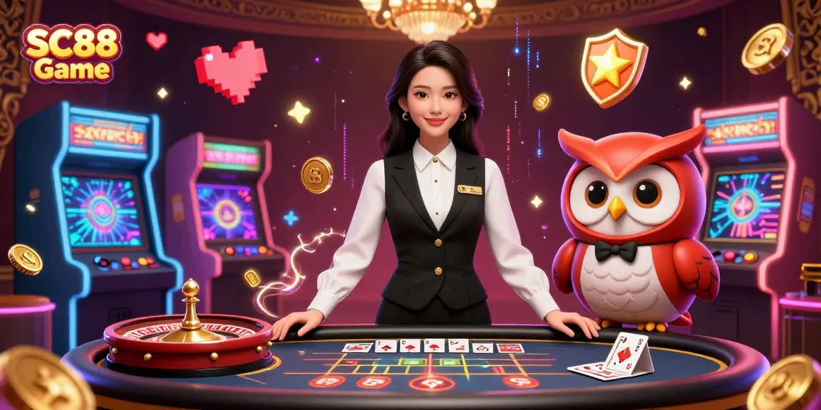 Experience SC88 Game with a vibrant 3D casino scene featuring an Asian dealer and animated owl, enriched with arcade elements.