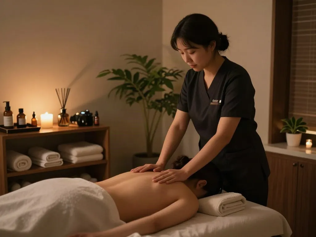 Experience a soothing 남양주출장안마 in a serene massage therapy room, with a therapist calmingly attending to a client.