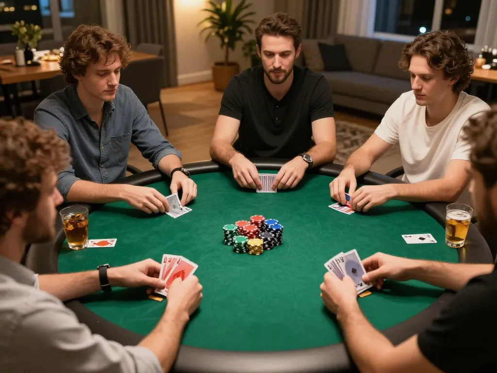 Enjoy poker with friends at home on O8, showcasing cards and chips on the table.