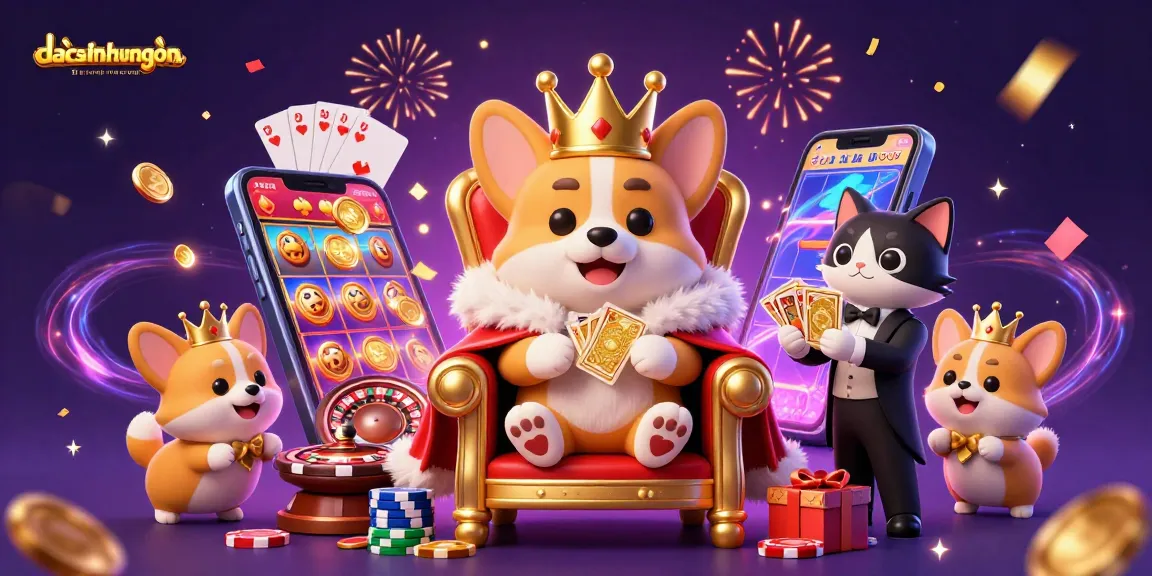 Spin and win at dacsanhuengon with a lively scene of royal corgis amidst slot games and festive confetti.
