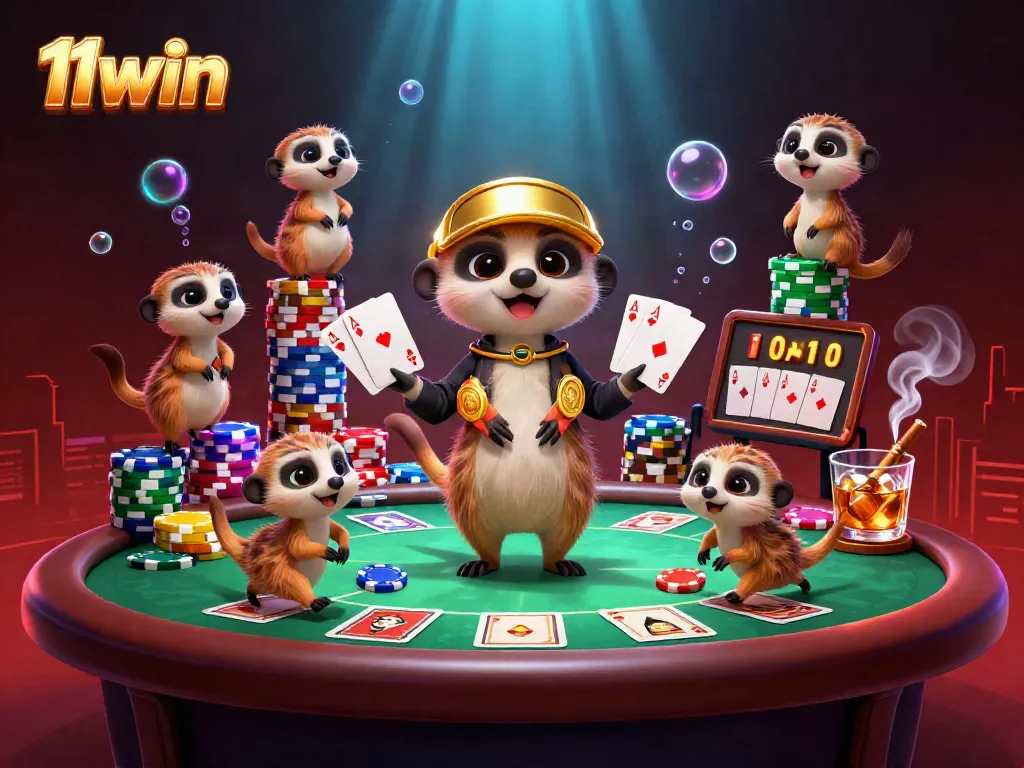 Experience thrilling gameplay at 11win with a lively meerkat casino scene, featuring a pit boss and colorful poker elements.