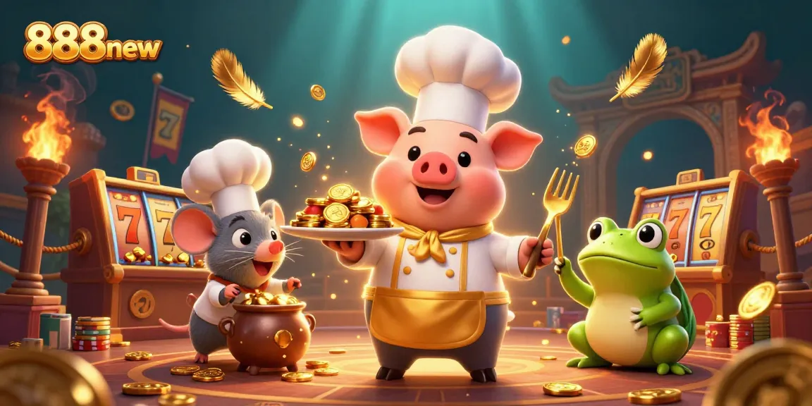 Experience thrilling gaming action at 888new with vibrant 3D characters and golden elements.