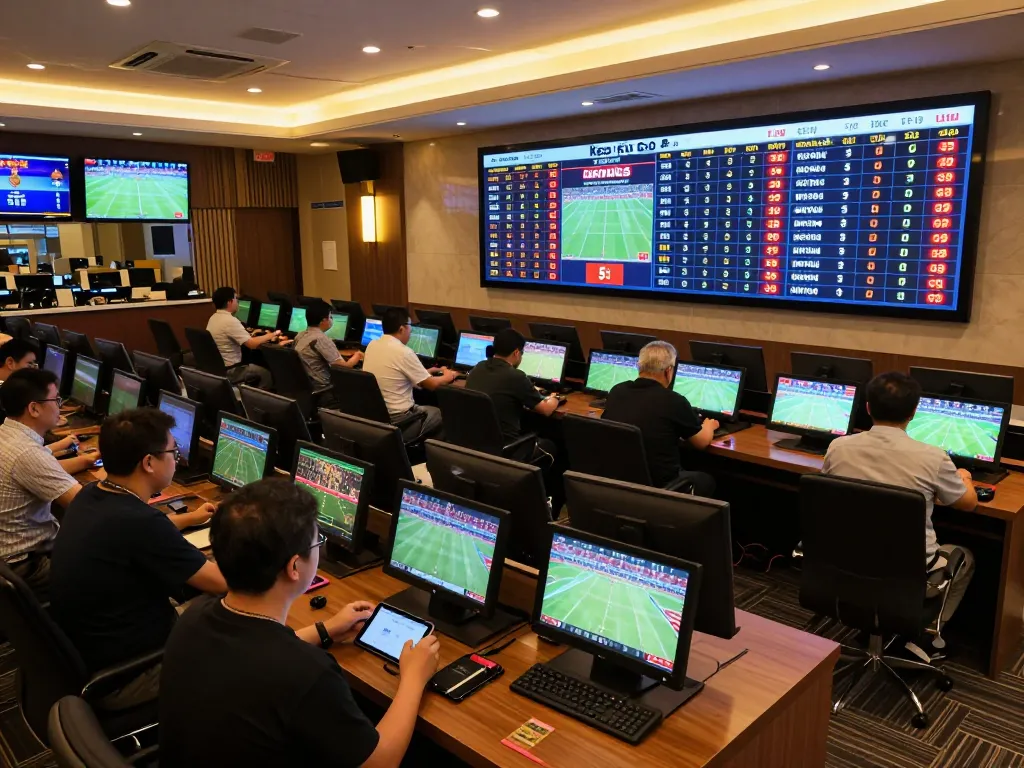 Engaging scene of sports betting lounge with kèo nhà cái 5 odds displayed prominently, showcasing active bettors.