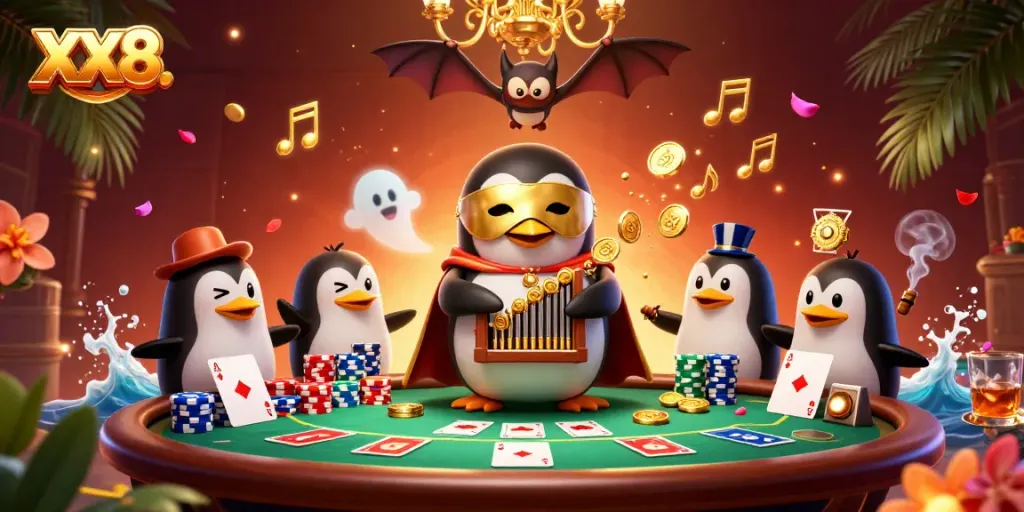 Experience high-energy casino action with the playful XX8. penguin playing organ and poker elements in a dazzling scene.