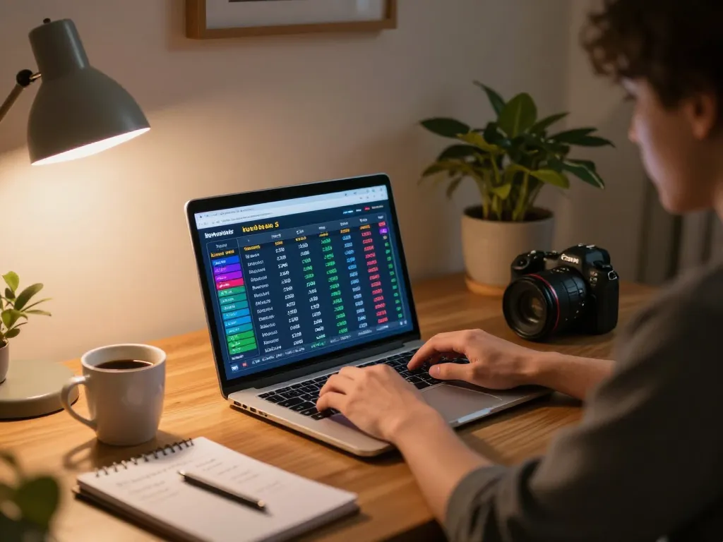 Gambler analyzing kèo nhà cái 5 betting odds on laptop at cozy home desk.