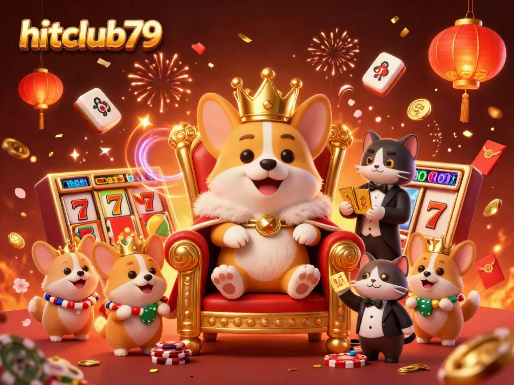 Experience the excitement at hitclub79 with a vibrant 3D scene featuring a royal corgi in a casino setting.