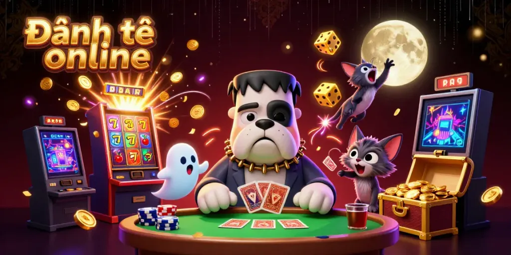 Experience Đánh đề online with a lively 3D illustration featuring a Frankenstein bulldog dealer and playful characters.