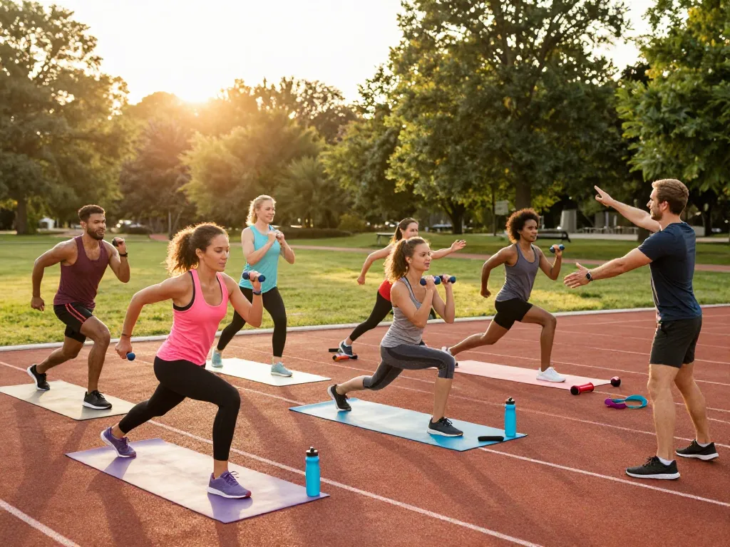 Group fitness athletes engaging in dynamic outdoor workout showcasing SL Ad for healthy lifestyle.