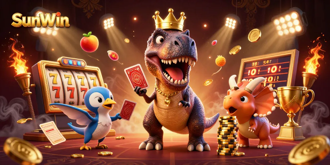 SunWin entertains with a T-Rex shuffling cards and a triceratops stacking chips in this 3D casino illustration.