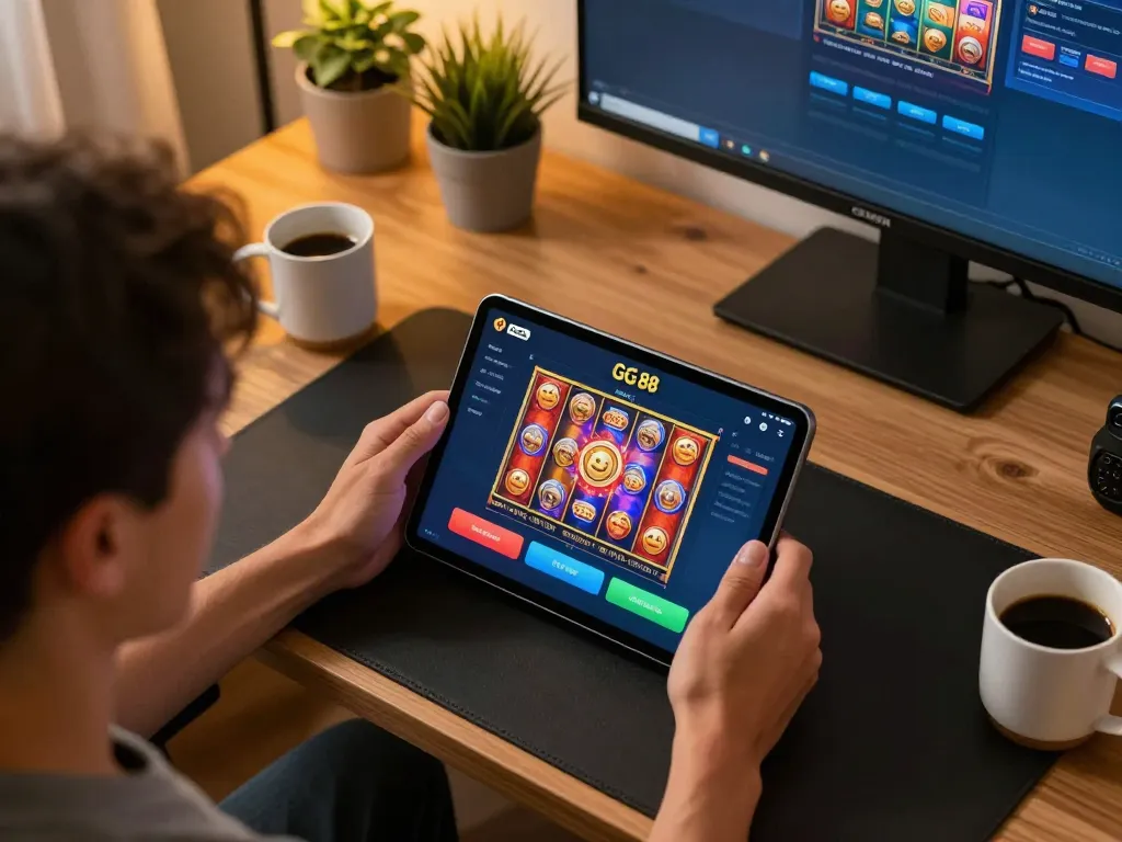 Engaging scene of a player immersed in the GG 88 app on a tablet, highlighting online gambling strategy and comfort.