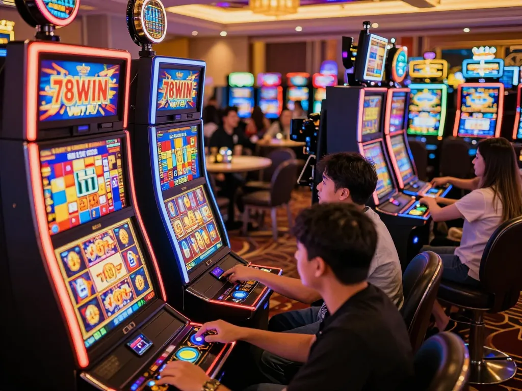 Engaging scene of players interacting with vibrant slot machines at 78WIN casino.