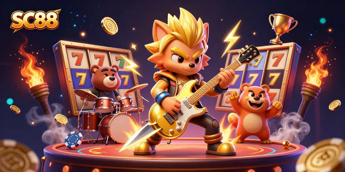 Experience excitement at SC88 with a vibrant scene of a rock star wolf and drummer bear amidst thrilling casino elements.