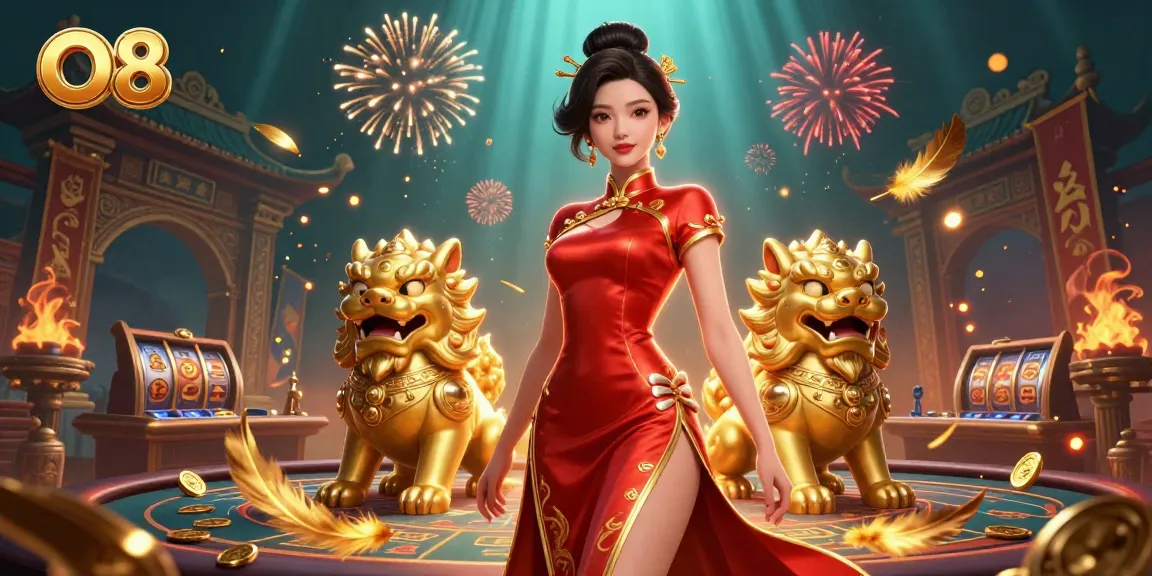 Experience the thrilling O8 casino with festive elements and lively gameplay visuals.