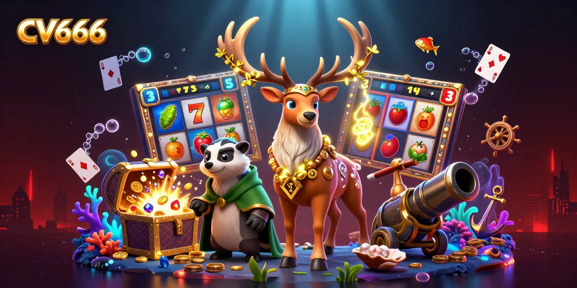 Experience casino thrills at CV666 with vibrant slot reels, a druid stag, and underwater treasure.
