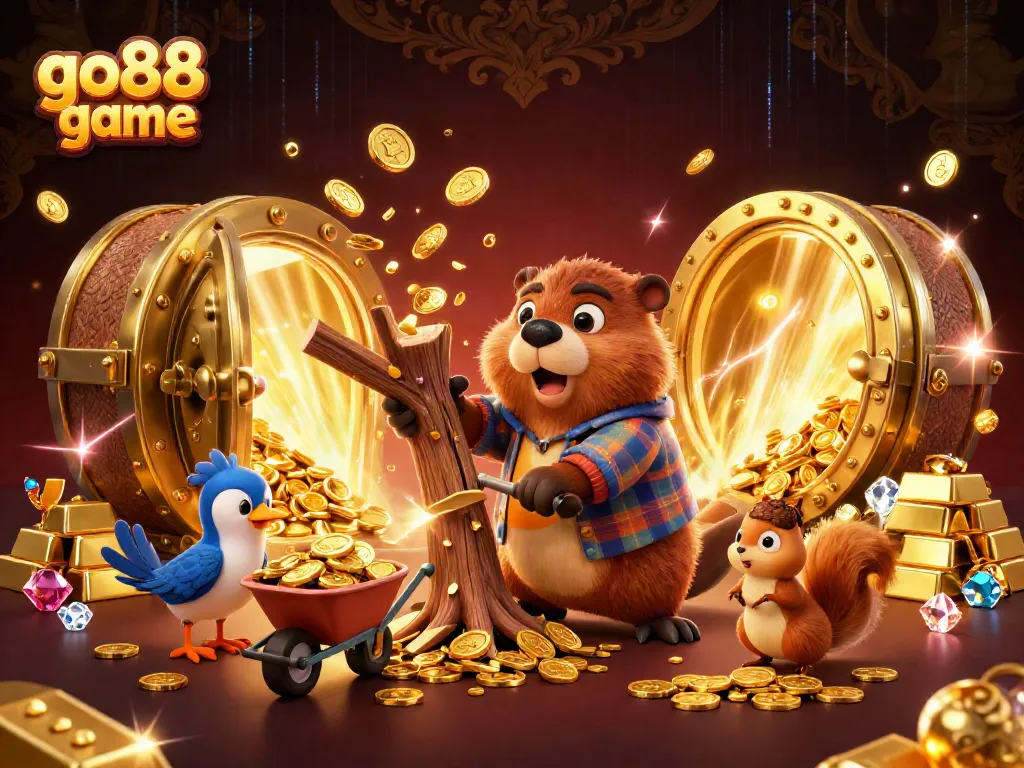 Experience the winning action at go88 game with vibrant 3D cartoon characters and gold treasures in a casino setting.