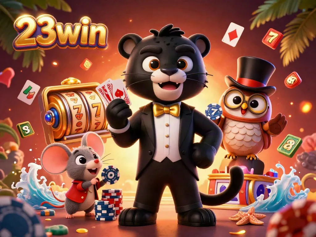 Engage in thrilling gameplay at 23win with our vibrant 3D casino scene featuring dynamic characters and a lively atmosphere.