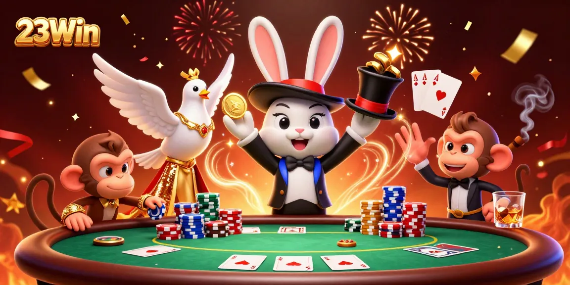 Experience the thrill of 23Win with a captivating 3D casino illustration featuring vibrant characters and game elements.