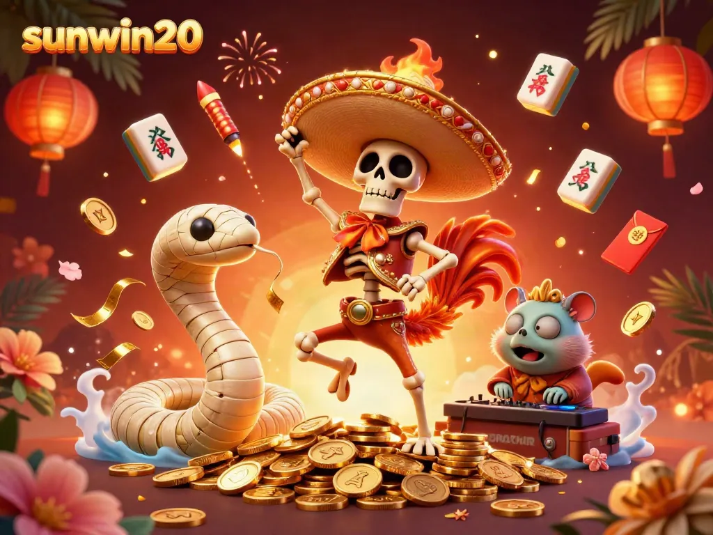 Engage in fun with sunwin20 featuring a joyous skeleton mariachi rooster, a mummy snake, and a DJ hamster.