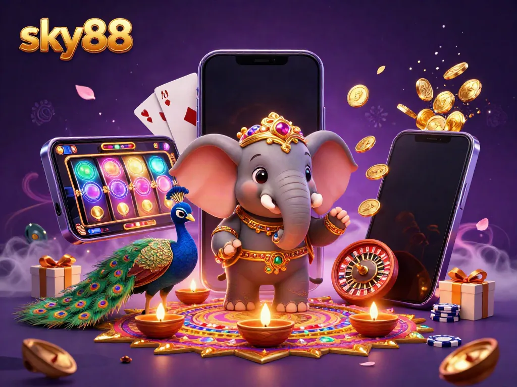 Experience sky88's thrilling atmosphere with characters and casino symbols in a vibrant 3D illustration.