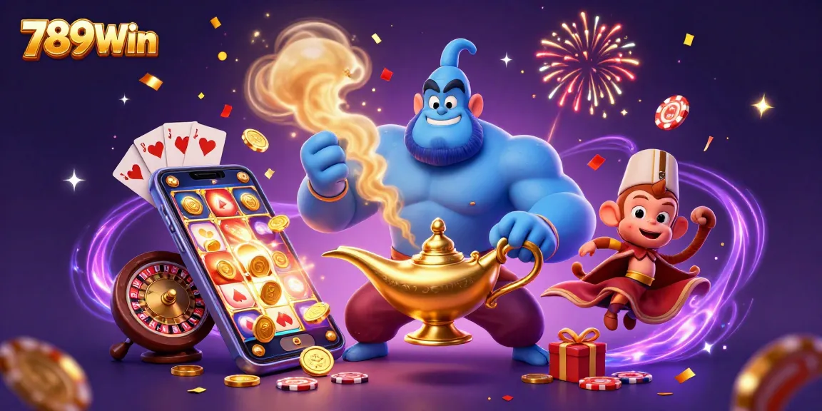 Experience thrilling gaming at 789Win with a vibrant 3D casino illustration showcasing fun elements.