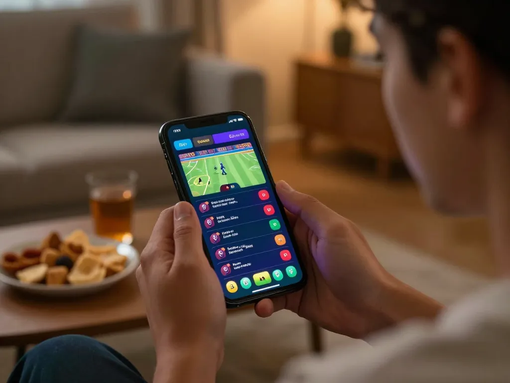 LLwin player placing bets on a mobile device in a cozy home environment with engaging sports interface.