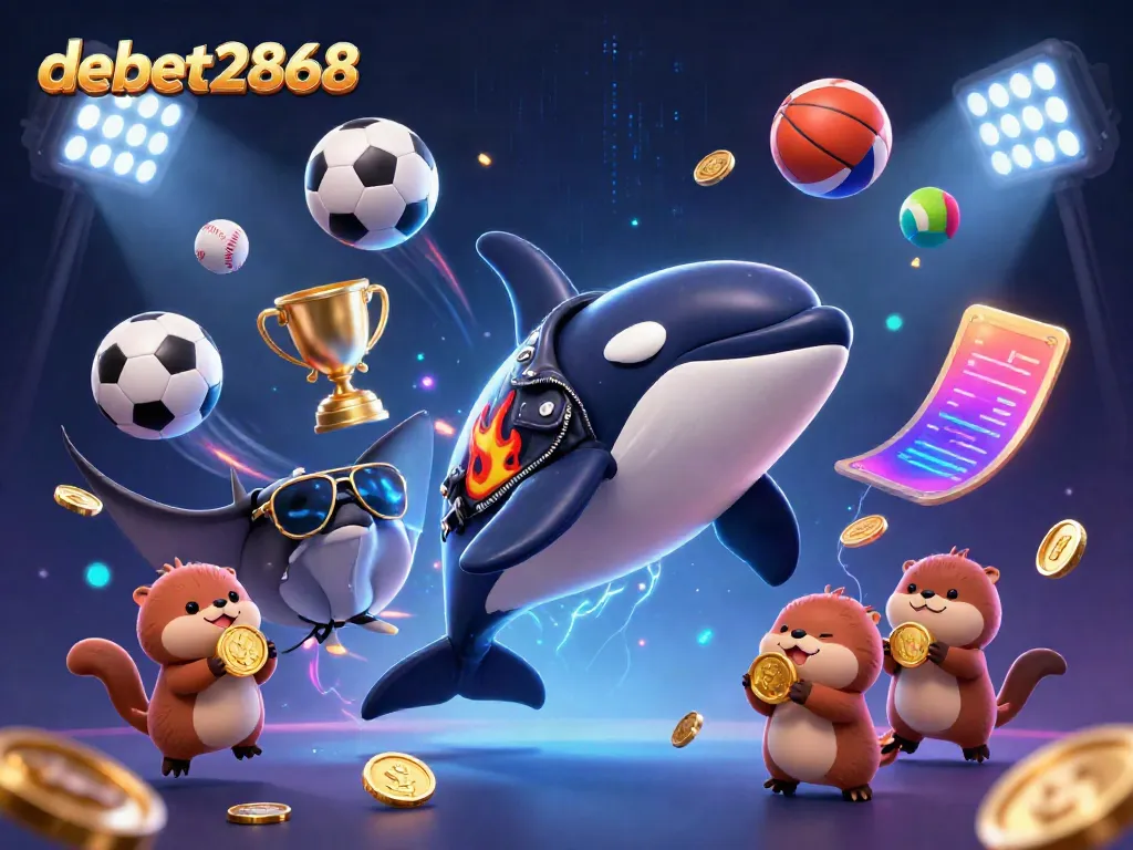 Experience the excitement of debet2868 with a lively 3D illustration featuring sea creatures participating in dynamic sports and games.