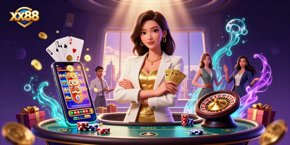 Win big with xx88: a dynamic scene of a powerful Asian woman with golden cards, showcasing gambling excitement.