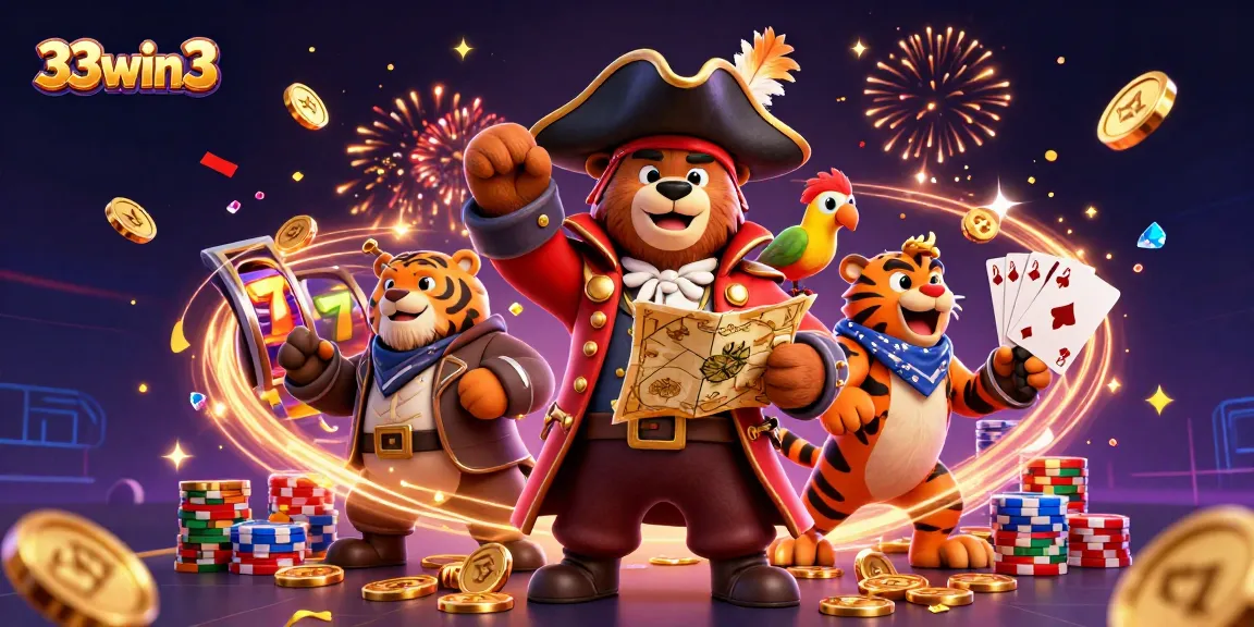 Boost your luck at 33win3 with a colorful casino adventure featuring a pirate bear and his tiger mate.