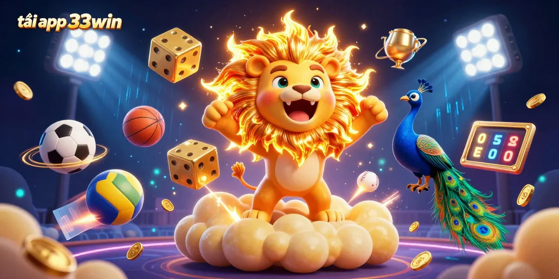 Engage in exciting bets with tải app 33win, featuring a dynamic 3D casino scene filled with vibrant elements.