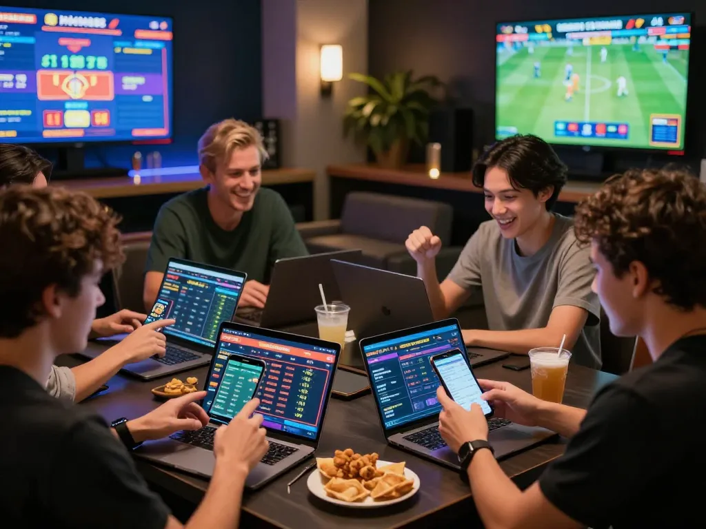 Engaging group discussing strategies for MM88 online betting, showcasing vibrant gaming atmosphere.