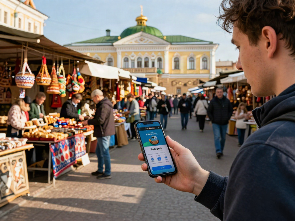Un viajero en un bullicioso mercado en Rusia utilizando https://payinrussia.com/ para pagar, rodeado de puestos coloridos y arquitectura tradicional.