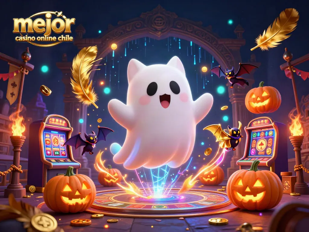 Disfruta del mejor casino online Chile con un gato fantasma y un murciélago en una escena vibrante.