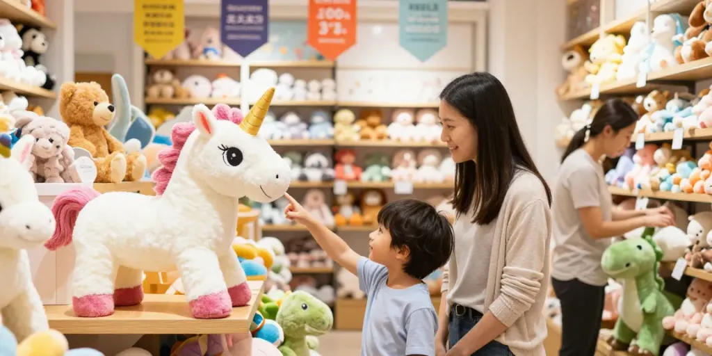 Niño emocionado señalando un unicornio en una tienda de peluches.