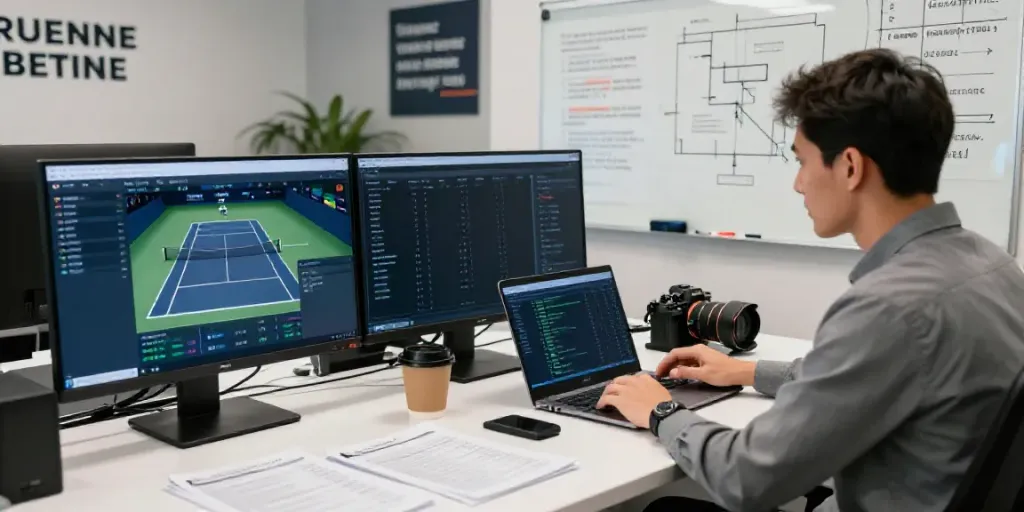 Analista de apuestas de tenis revisando estadísticas y pronósticos con tecnología avanzada.